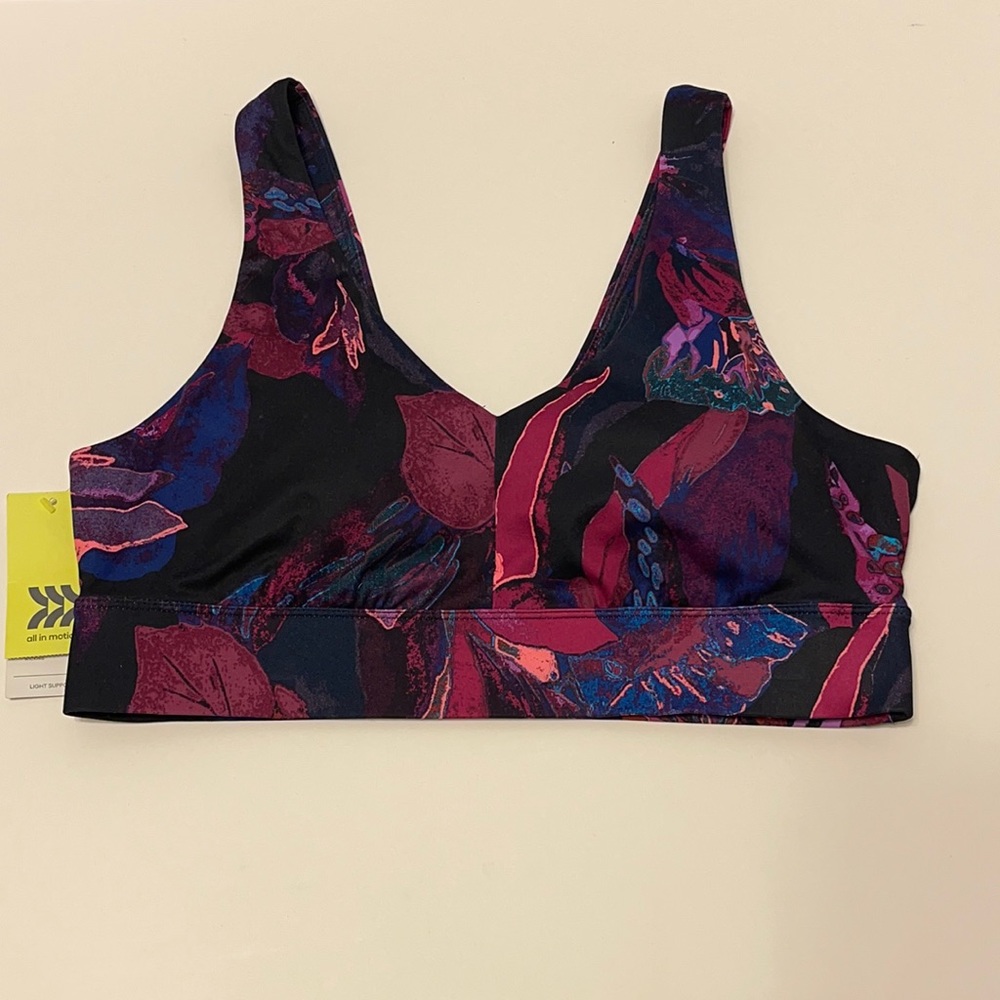 Women’s Large Purple & Black Tropical Light Support Twist Sports Bra